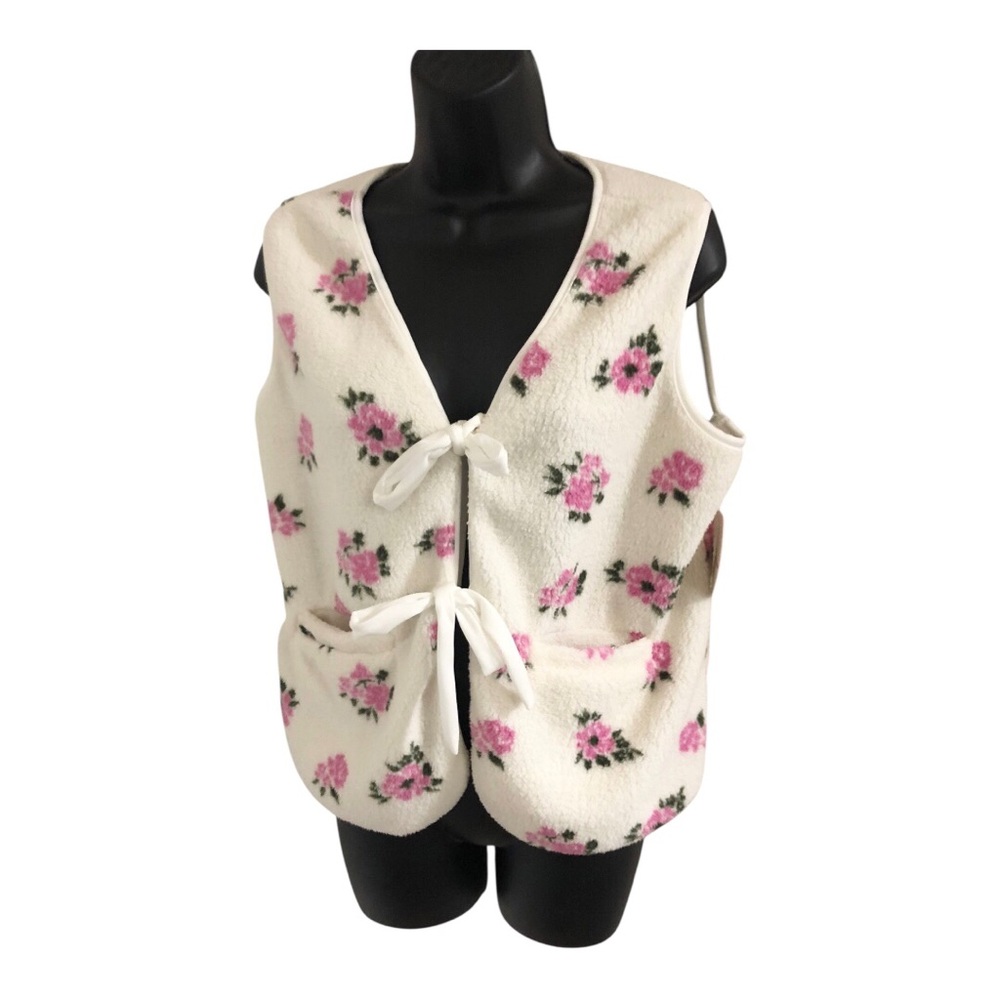 Ivory pink‎ rose flower print sherpa sherling look open tie-front vest size XL